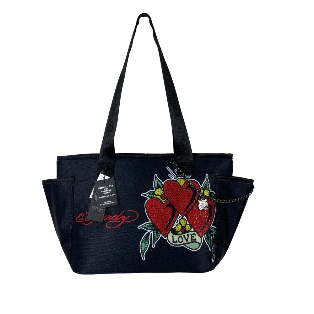 Ed Hardy Love Hearts Rhinestone‎ Insulated Lunch Tote Bag Black Vegan New